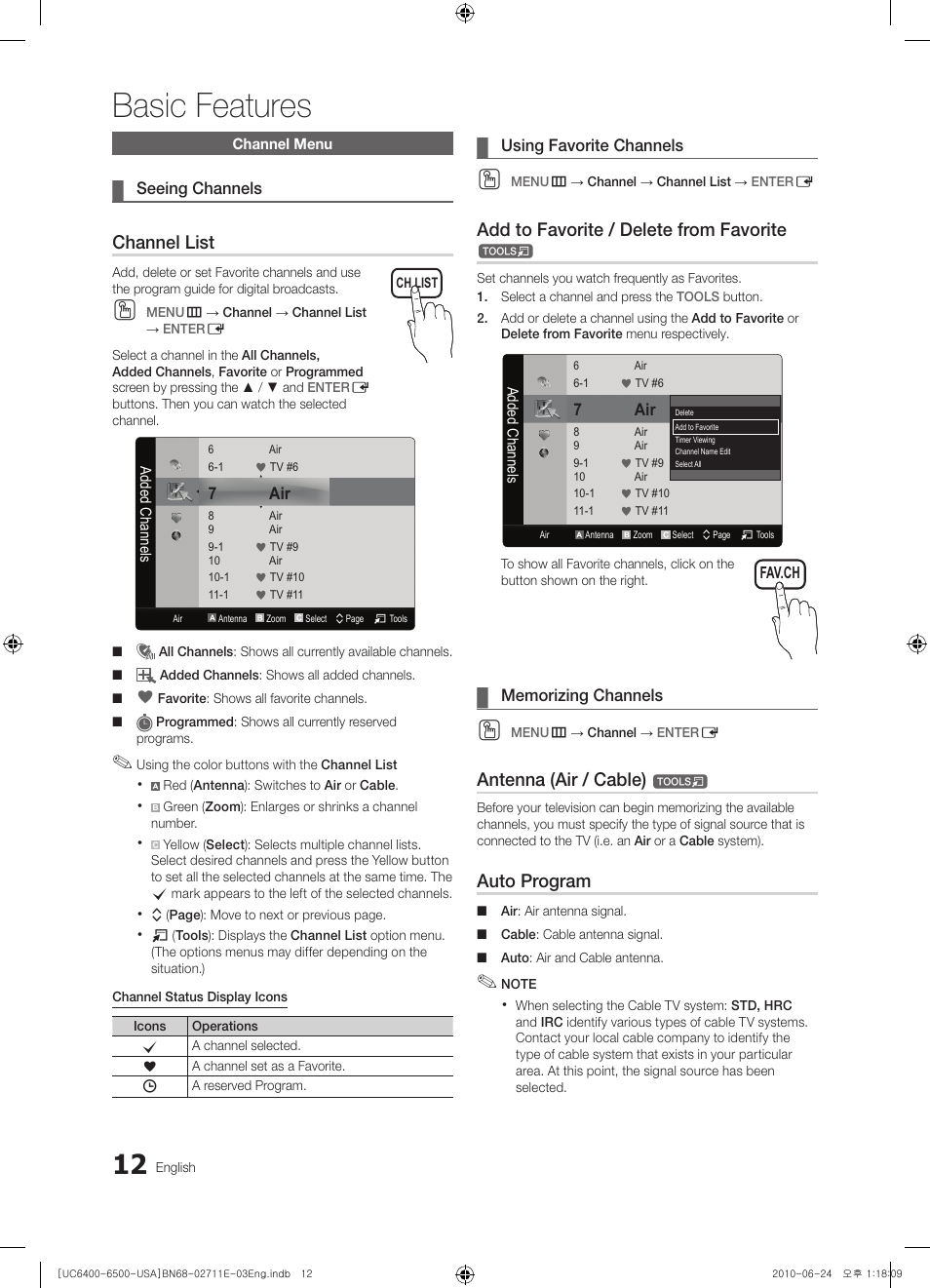 Channel menu, Seeing channels, Using favorite channels | Memorizing channels, Basic features, Channel list, Add to favorite / delete from favorite, Antenna (air / cable), Auto program | Samsung UN65C6500 User Manual | Page 12 / 62