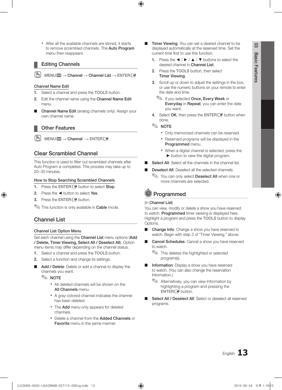 Editing channels, Other features, Clear scrambled channel | Channel list, Programmed | Samsung UN65C6500 User Manual | Page 13 / 62