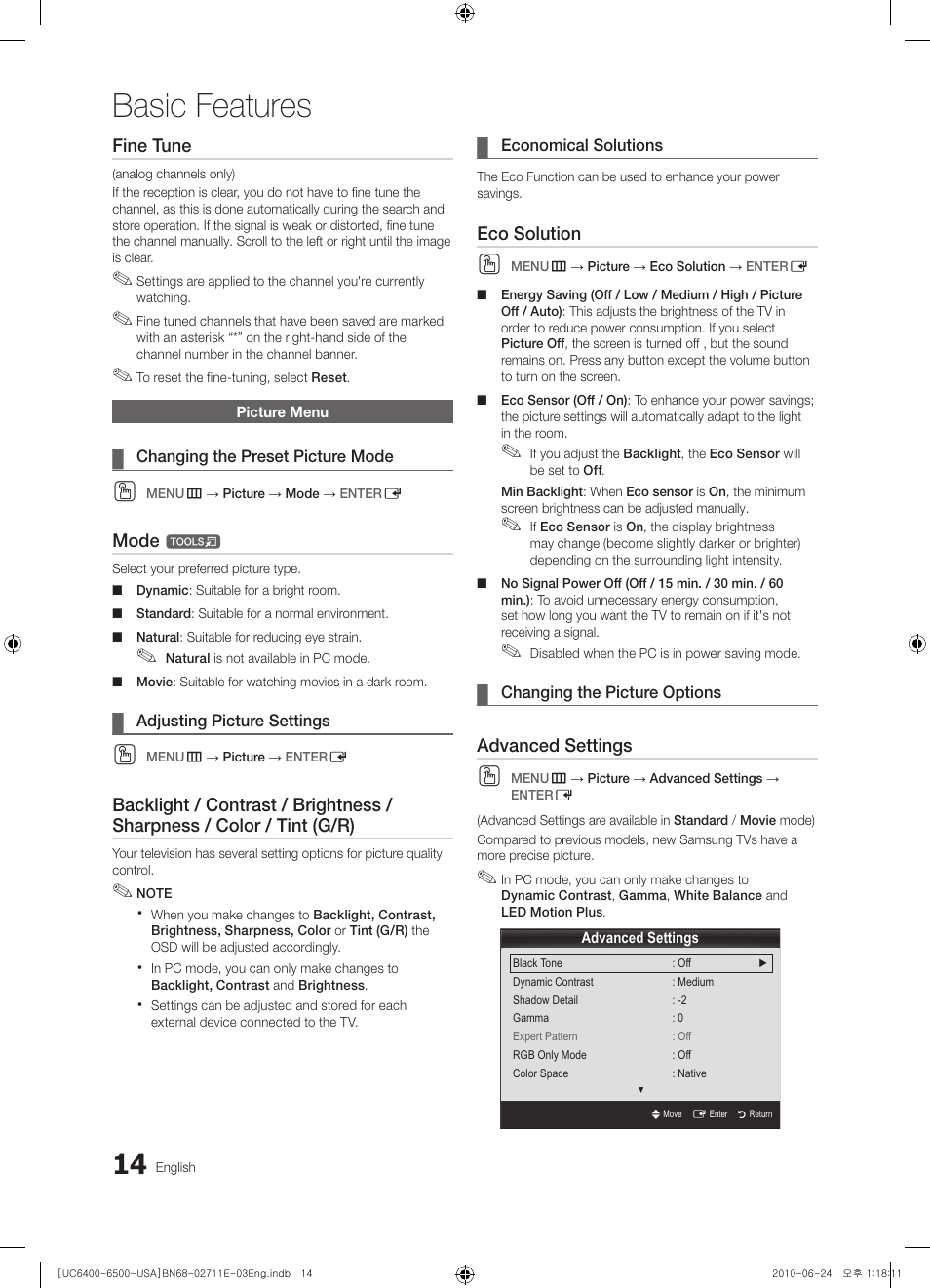 Picture menu, Changing the preset picture mode, Adjusting picture settings | Economical solutions, Changing the picture options, Basic features | Samsung UN65C6500 User Manual | Page 14 / 62