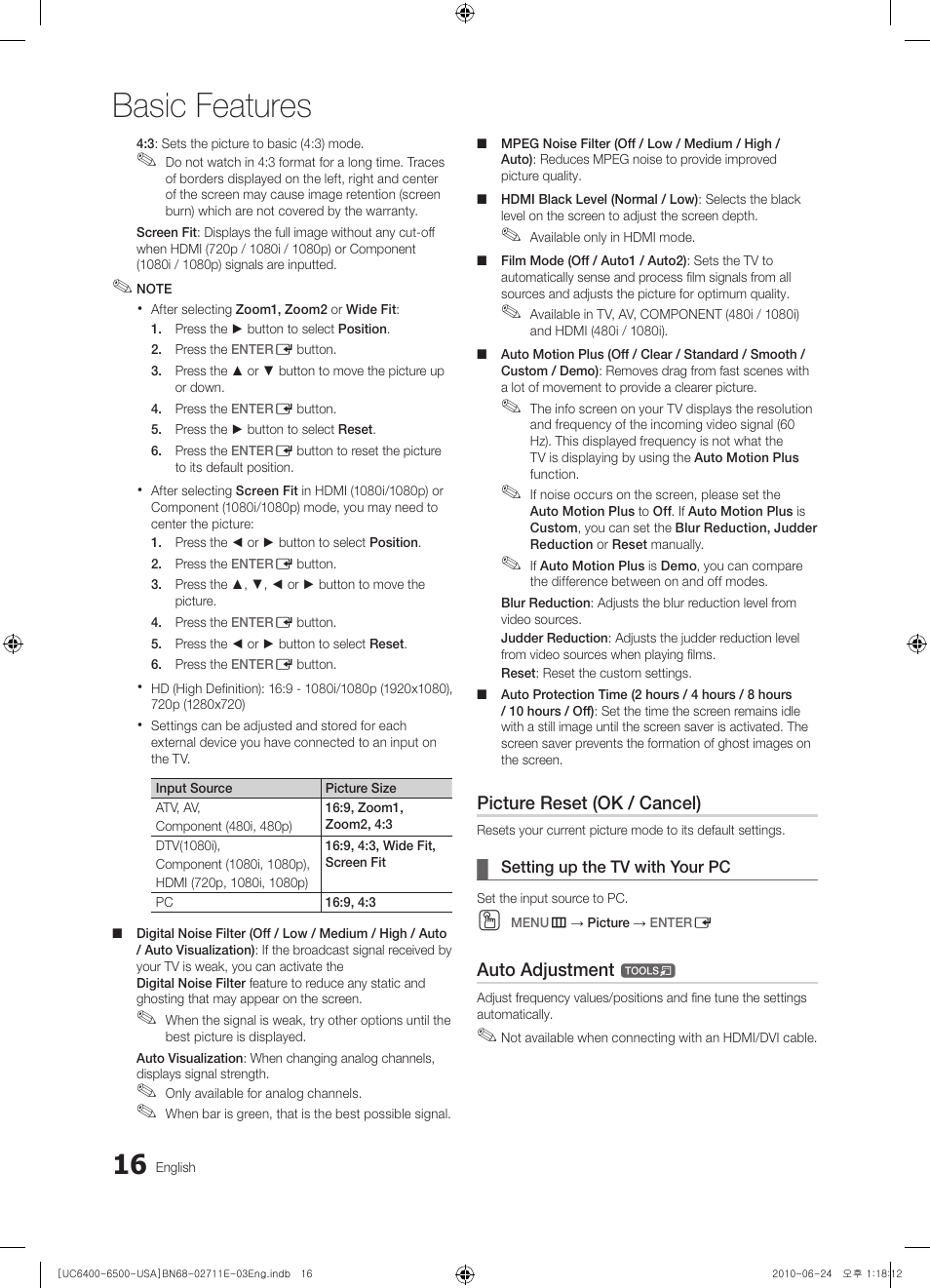 Setting up the tv with your pc, Basic features, Picture reset (ok / cancel) | Auto adjustment | Samsung UN65C6500 User Manual | Page 16 / 62