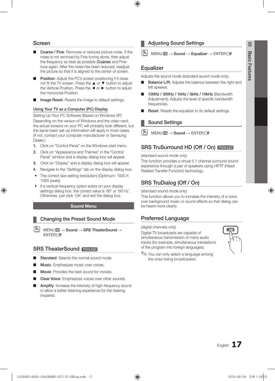 Sound menu, Changing the preset sound mode, Adjusting sound settings | Sound settings, Screen, Srs theatersound, Equalizer, Srs trusurround hd (off / on), Srs trudialog (off / on), Preferred language | Samsung UN65C6500 User Manual | Page 17 / 62