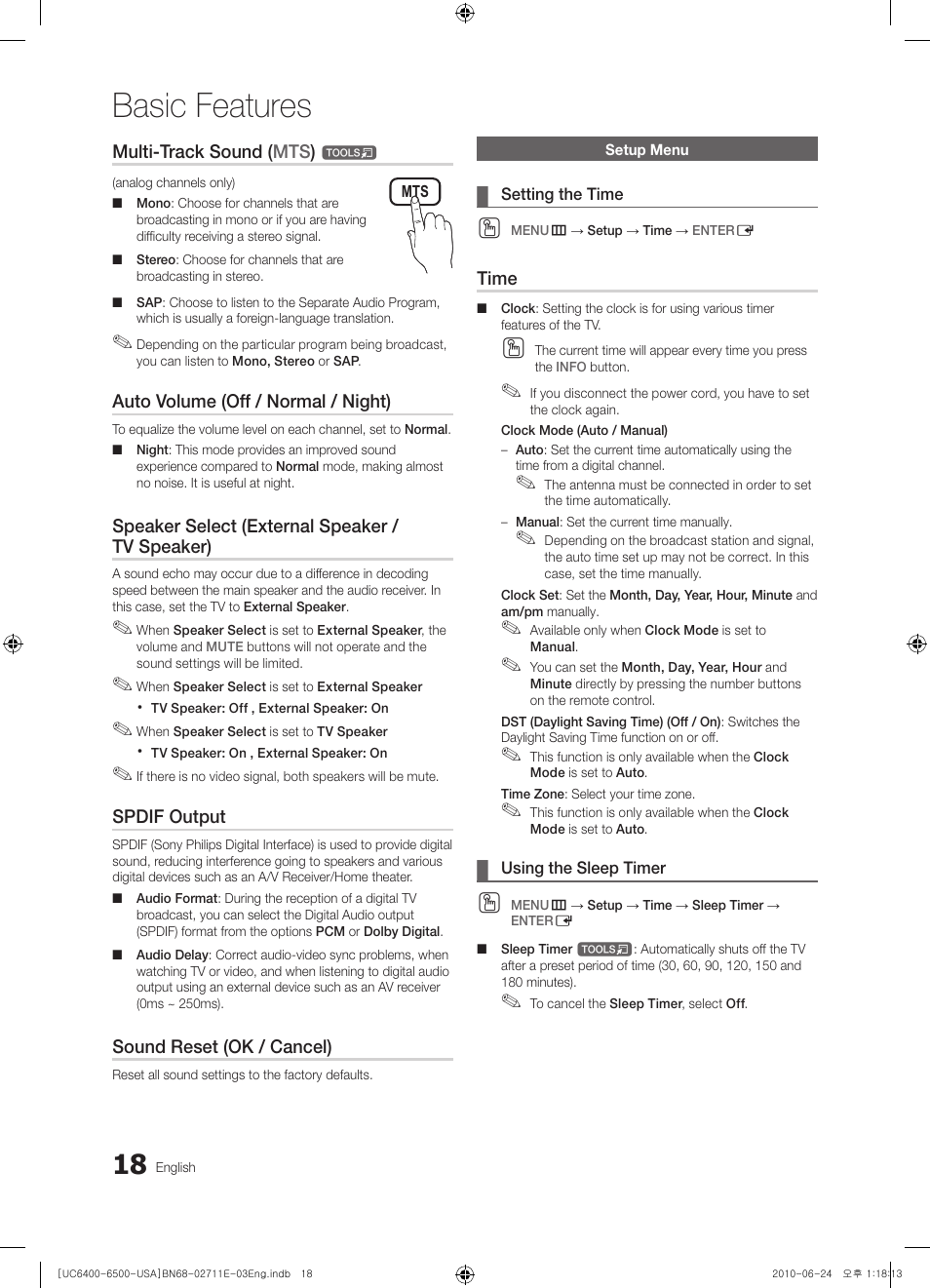 Setup menu, Setting the time, Using the sleep timer | Basic features | Samsung UN65C6500 User Manual | Page 18 / 62