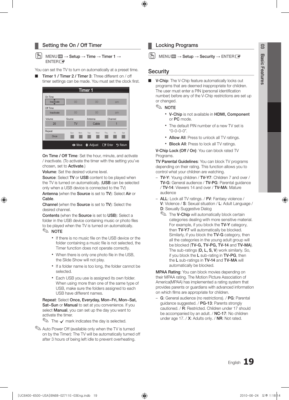 Setting the on / off timer, Locking programs, Security | Samsung UN65C6500 User Manual | Page 19 / 62