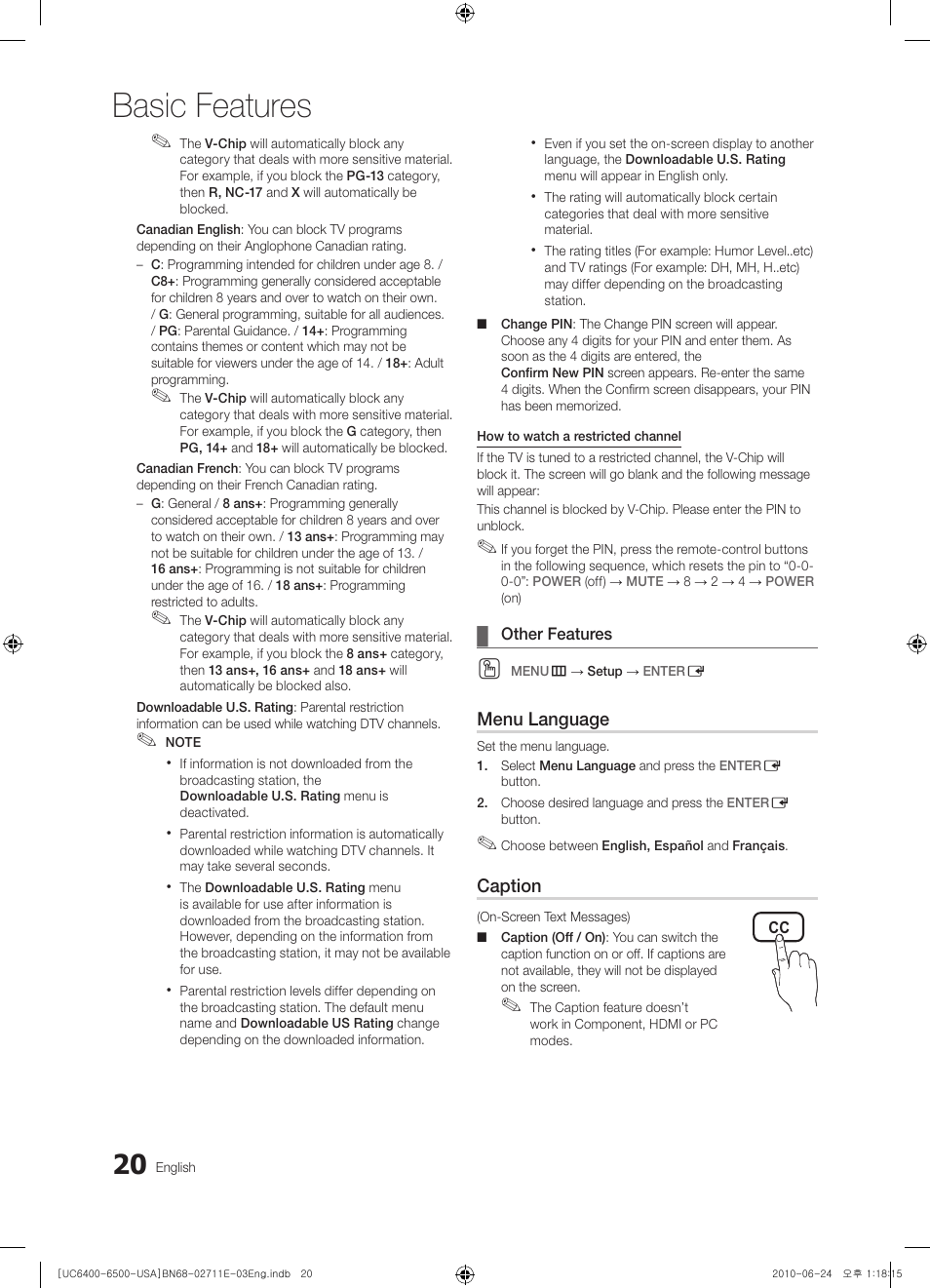 Other features, Basic features | Samsung UN65C6500 User Manual | Page 20 / 62