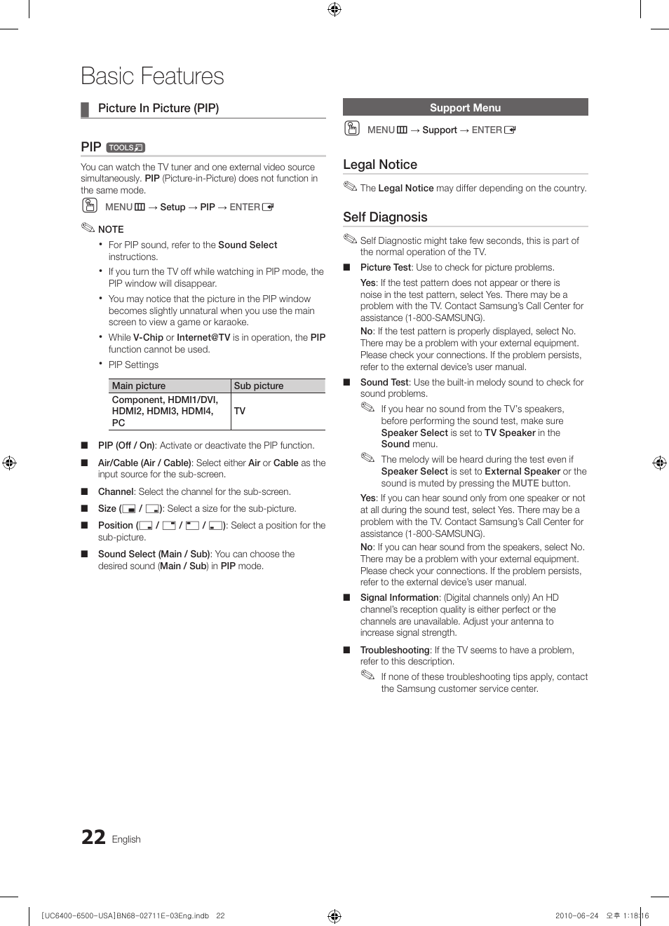 Picture in picture (pip), Support menu, Basic features | Samsung UN65C6500 User Manual | Page 22 / 62