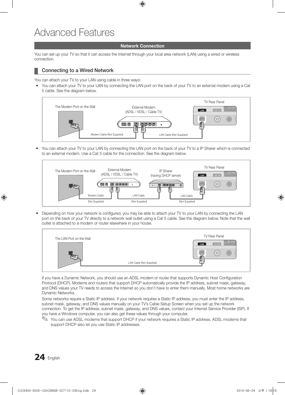 Advanced features, Network connection, Connecting to a wired network | Samsung UN65C6500 User Manual | Page 24 / 62