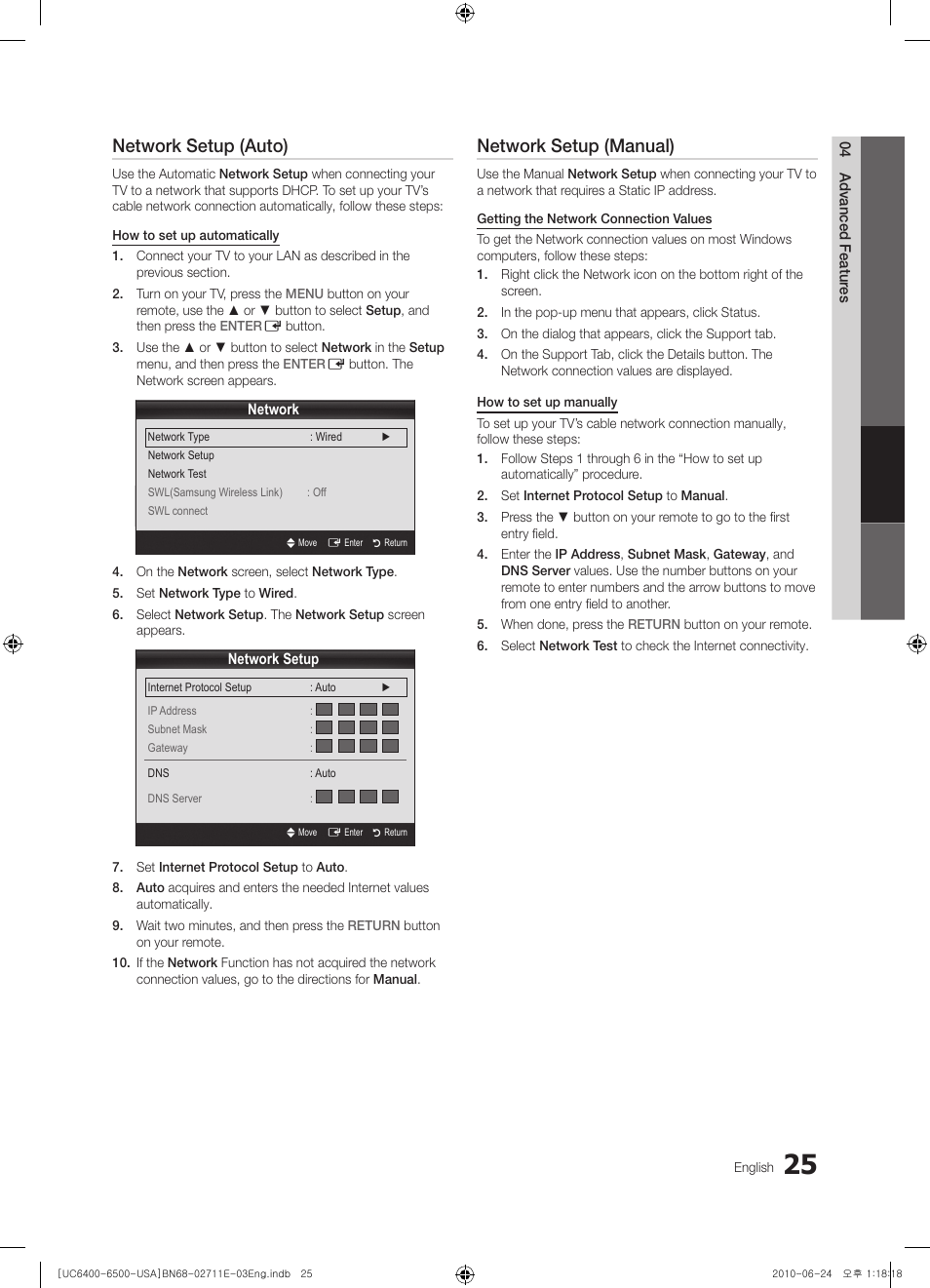 Network setup (auto), Network setup (manual) | Samsung UN65C6500 User Manual | Page 25 / 62