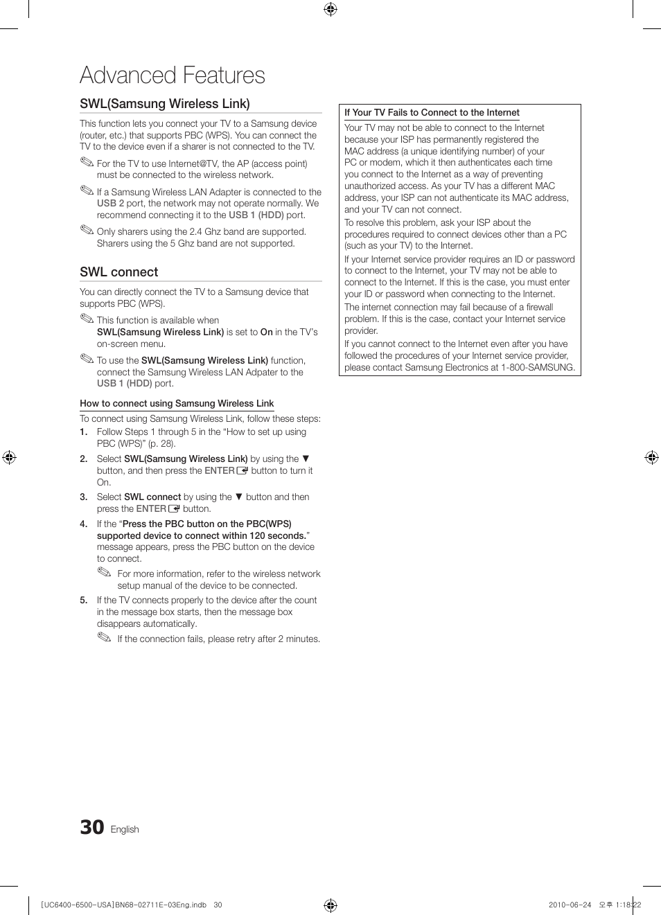 Advanced features | Samsung UN65C6500 User Manual | Page 30 / 62