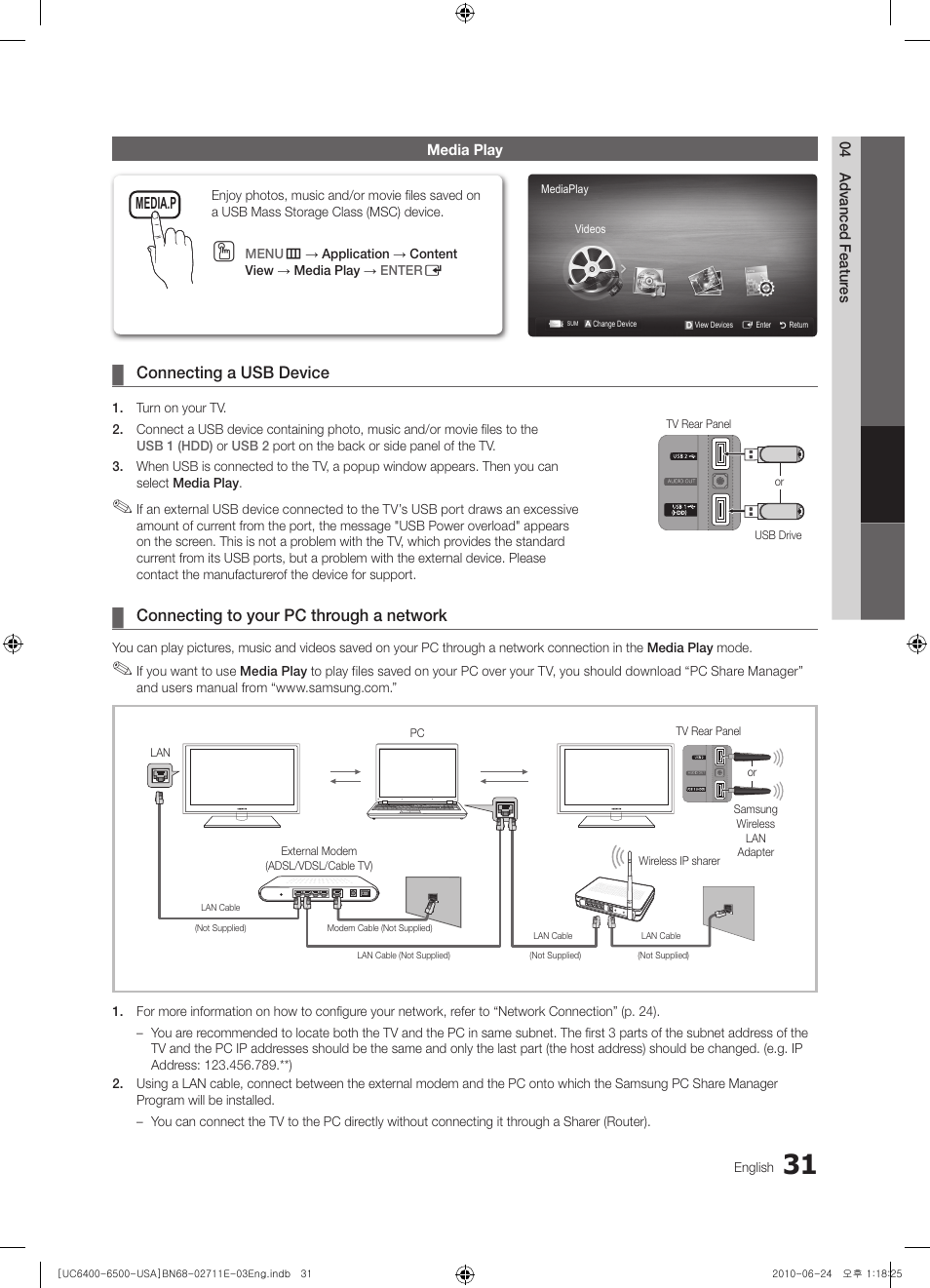 Media play, Connecting a usb device, Connecting to your pc through a network | Samsung UN65C6500 User Manual | Page 31 / 62