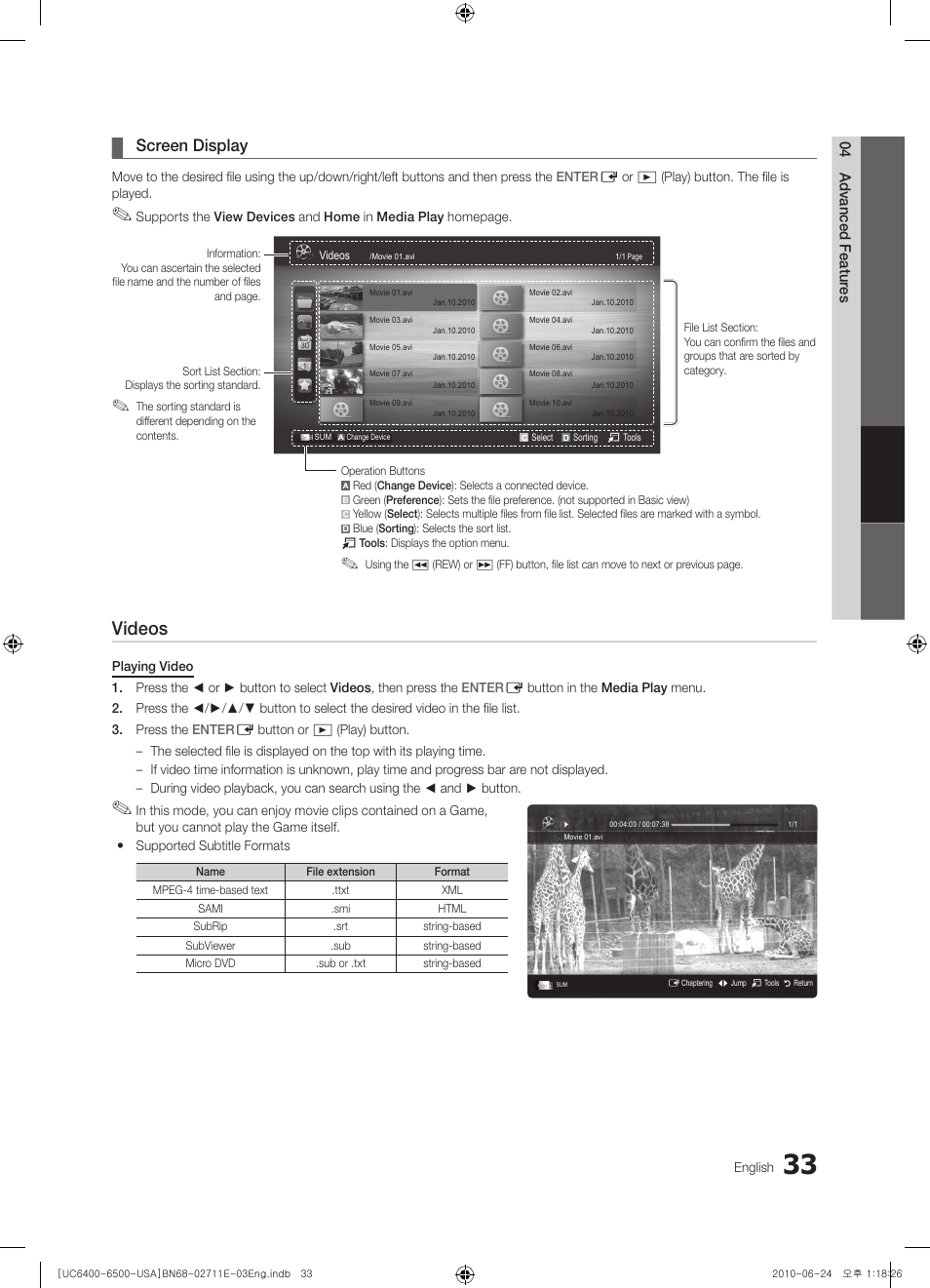 Screen display, Videos | Samsung UN65C6500 User Manual | Page 33 / 62