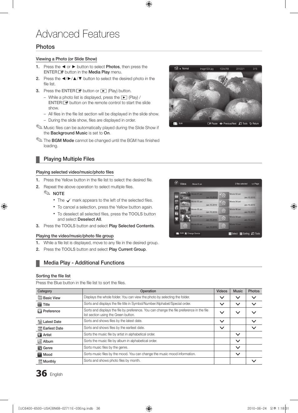 Playing multiple files, Media play - additional functions, Advanced features | Photos | Samsung UN65C6500 User Manual | Page 36 / 62