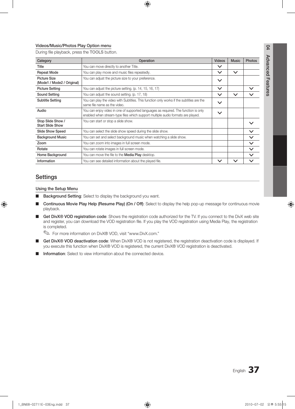 Settings | Samsung UN65C6500 User Manual | Page 37 / 62