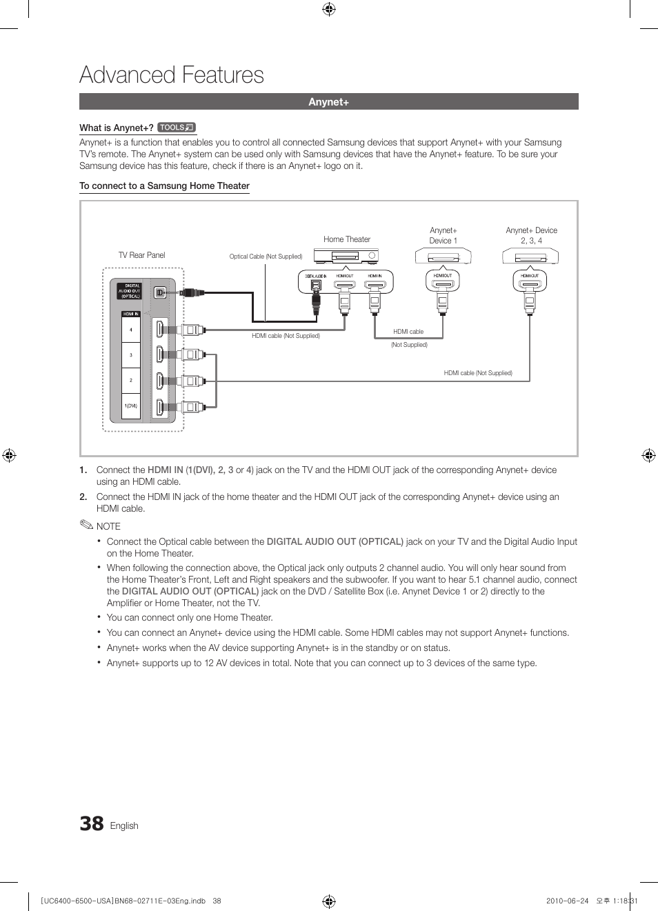 Anynet, Advanced features | Samsung UN65C6500 User Manual | Page 38 / 62