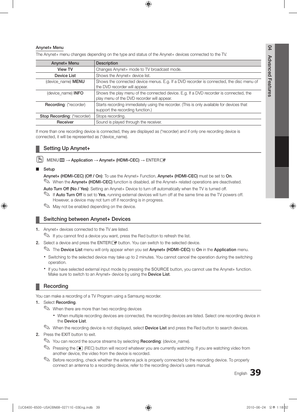 Setting up anynet, Switching between anynet+ devices, Recording | Samsung UN65C6500 User Manual | Page 39 / 62