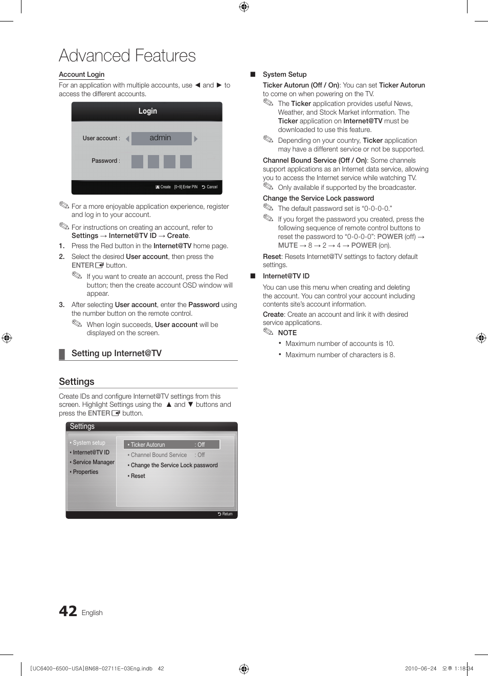 Setting up internet@tv, Advanced features | Samsung UN65C6500 User Manual | Page 42 / 62