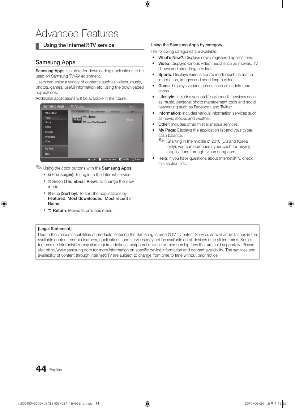 Using the internet@tv service, Advanced features, Samsung apps | Samsung UN65C6500 User Manual | Page 44 / 62