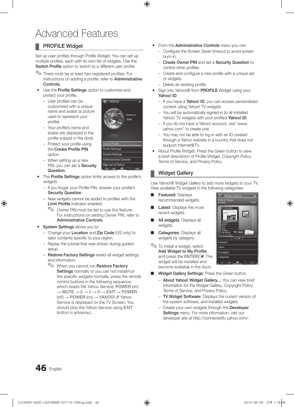 Profile widget, Widget gallery, Advanced features | Samsung UN65C6500 User Manual | Page 46 / 62