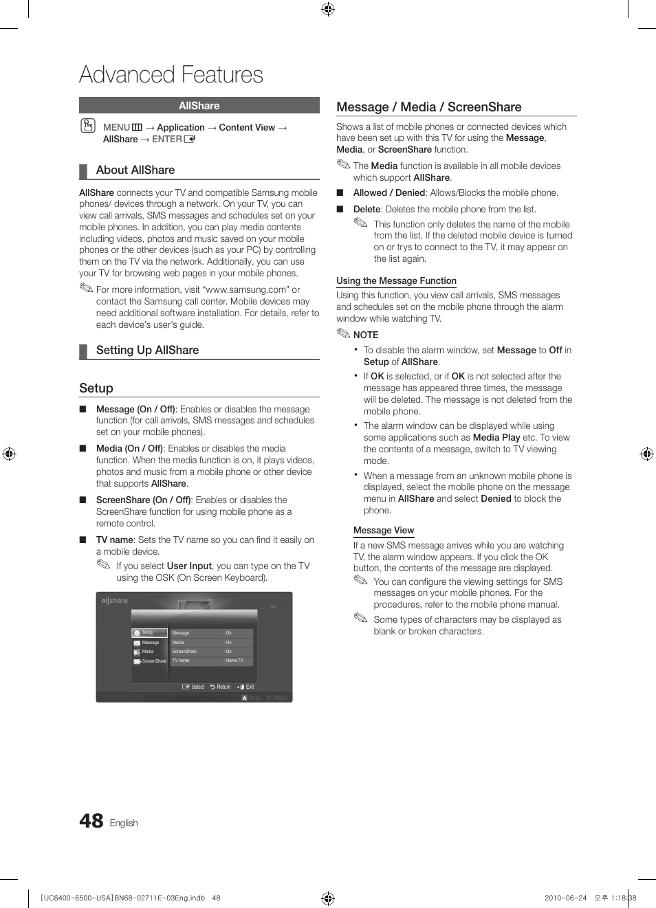 Allshare, About allshare, Setting up allshare | Advanced features, Setup, Message / media / screenshare | Samsung UN65C6500 User Manual | Page 48 / 62
