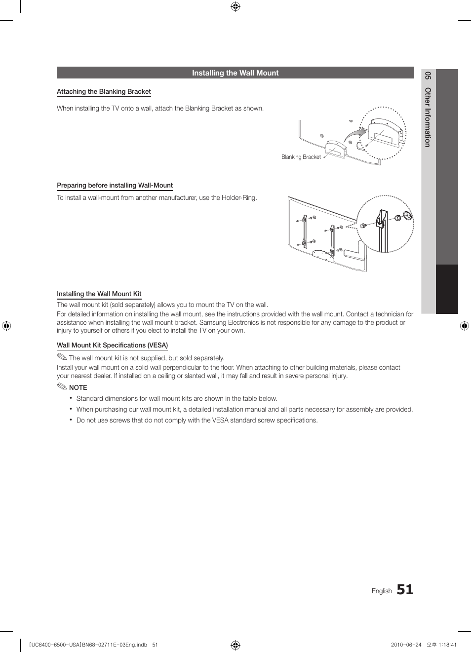 Installing the wall mount | Samsung UN65C6500 User Manual | Page 51 / 62