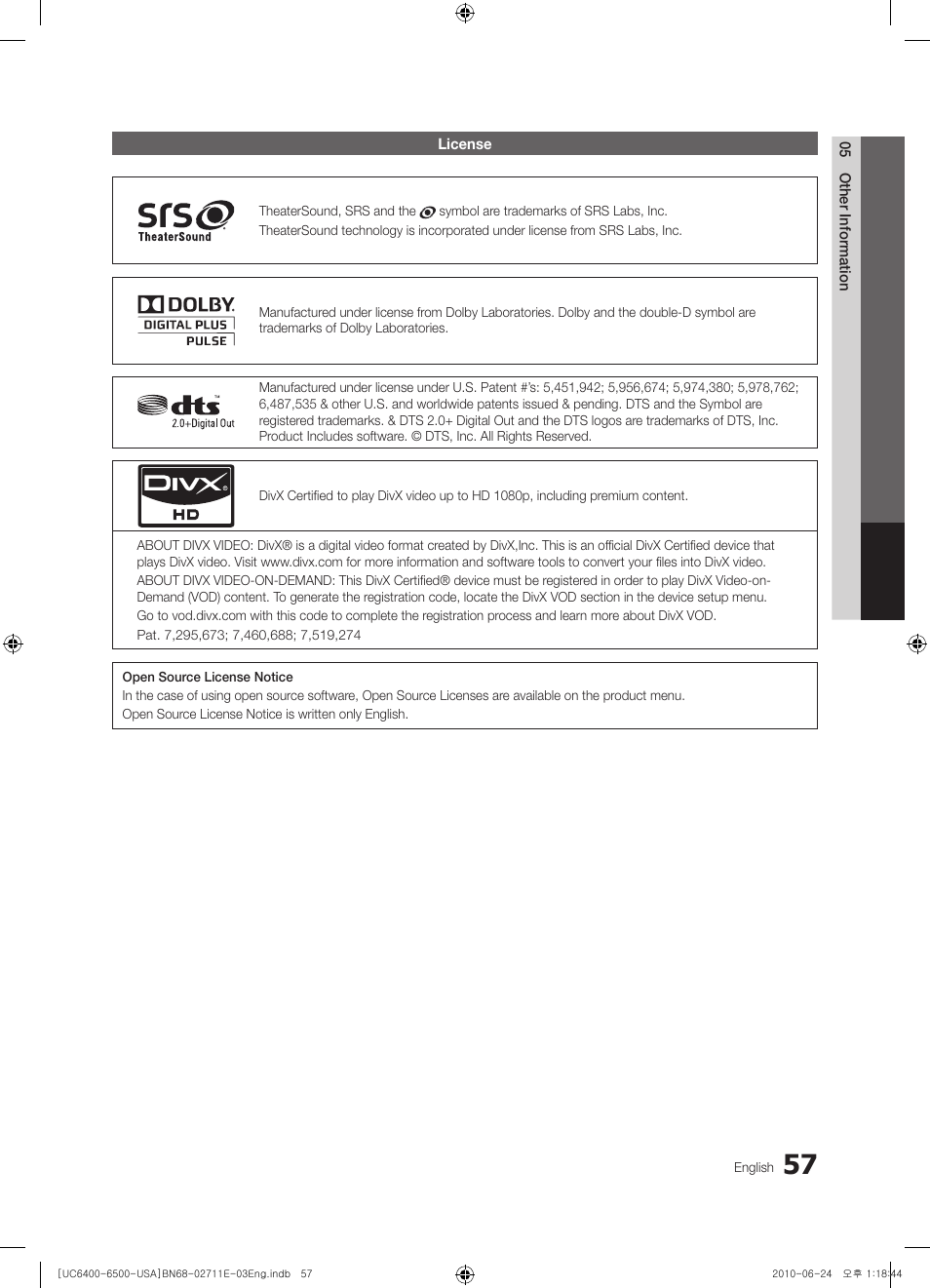 License | Samsung UN65C6500 User Manual | Page 57 / 62
