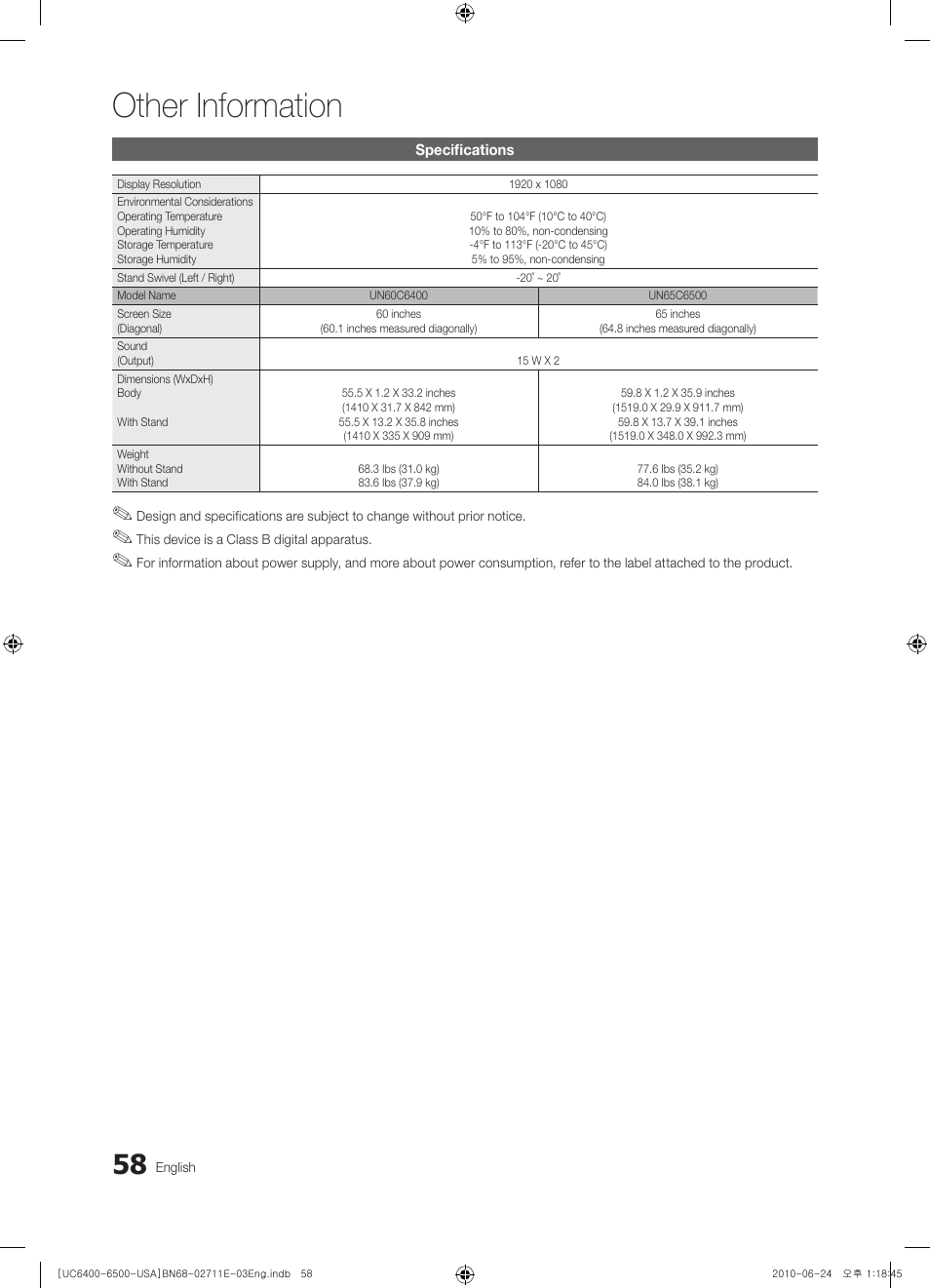 Specifications, Other information | Samsung UN65C6500 User Manual | Page 58 / 62