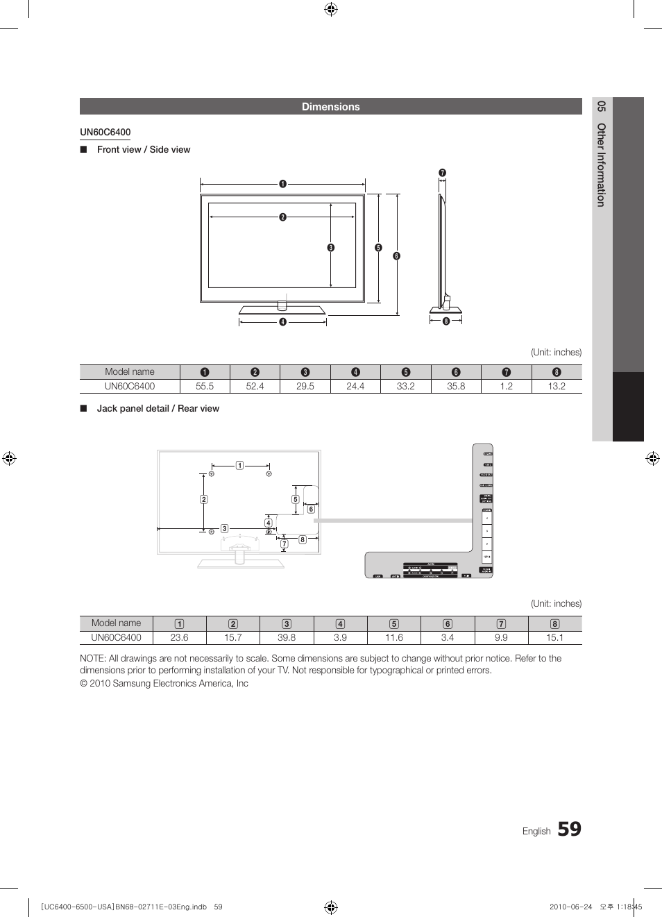 Dimensions | Samsung UN65C6500 User Manual | Page 59 / 62