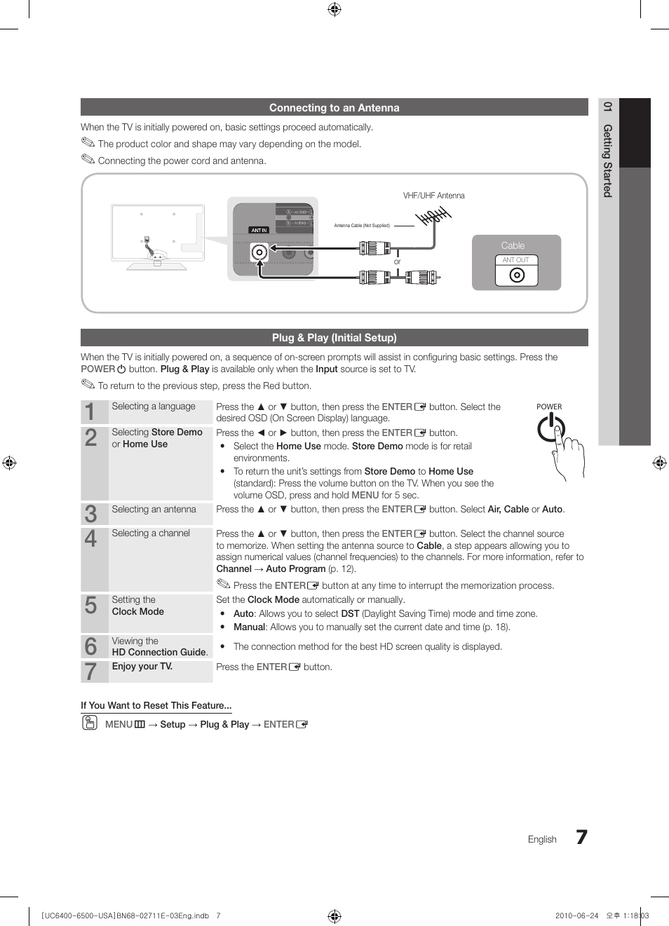 Connecting to an antenna, Plug & play (initial setup) | Samsung UN65C6500 User Manual | Page 7 / 62