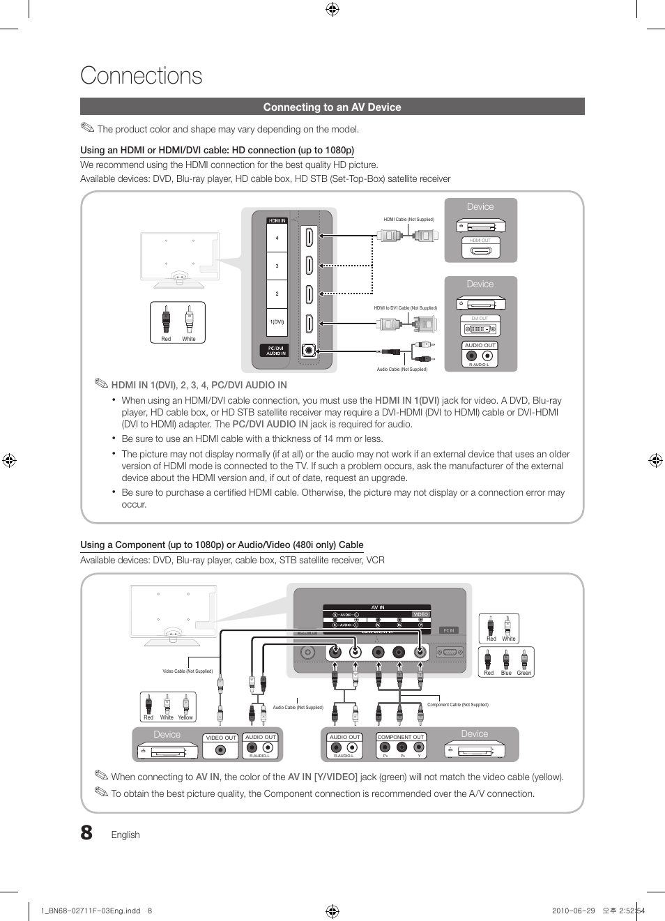 Connections, Connecting to an av device | Samsung UN65C6500 User Manual | Page 8 / 62
