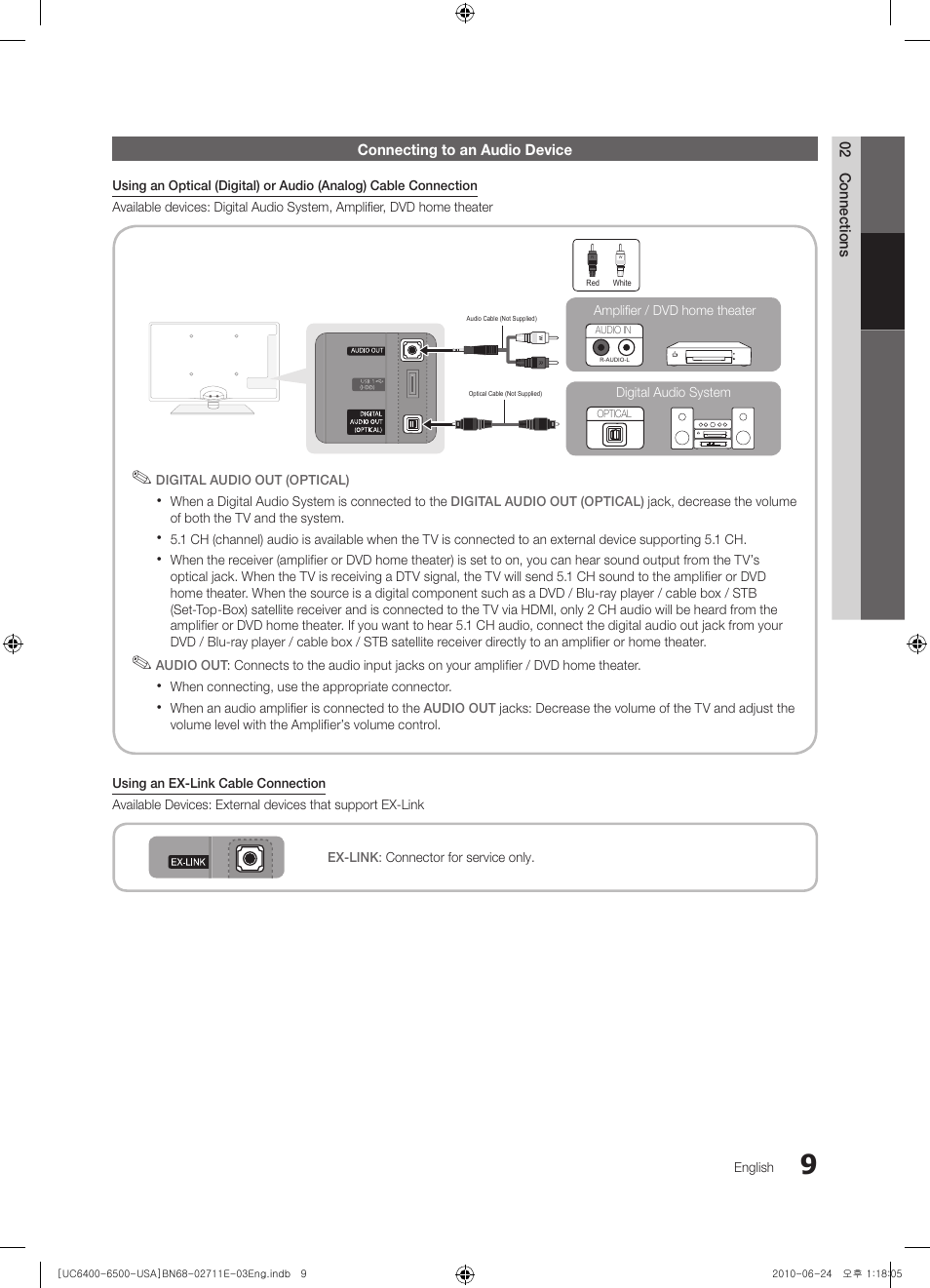 Connecting to an audio device | Samsung UN65C6500 User Manual | Page 9 / 62