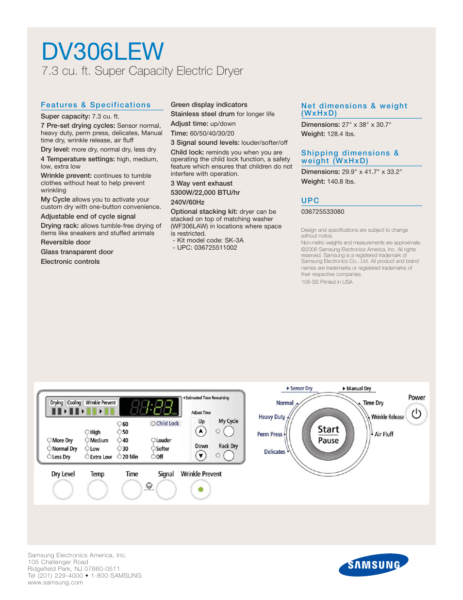 Dv306lew, 3 cu. ft. super capacity electric dryer | Samsung DV306LEW User Manual | Page 2 / 2
