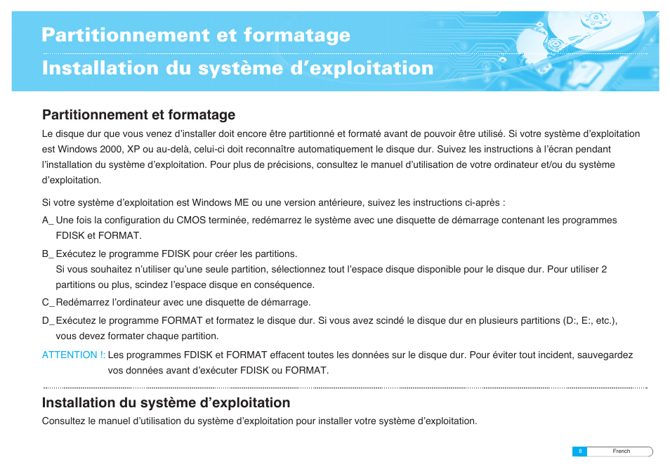 Partitionnement et formatage, Installation du système d’exploitation | Samsung BF68-00160B User Manual | Page 18 / 60