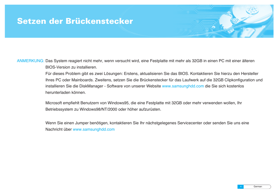 Setzen der brückenstecker | Samsung BF68-00160B User Manual | Page 22 / 60