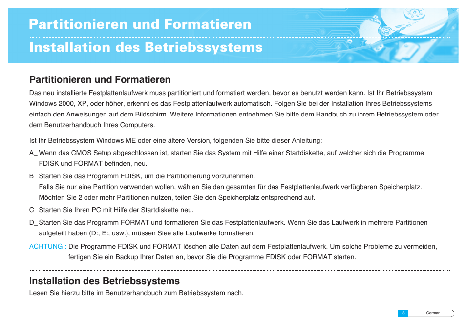 Partitionieren und formatieren, Installation des betriebssystems | Samsung BF68-00160B User Manual | Page 26 / 60