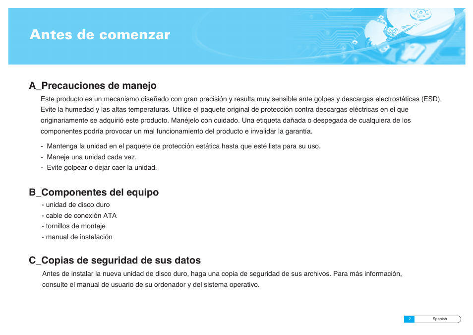 Antes de comenzar, A_precauciones de manejo, C_copias de seguridad de sus datos | B_componentes del equipo | Samsung BF68-00160B User Manual | Page 28 / 60