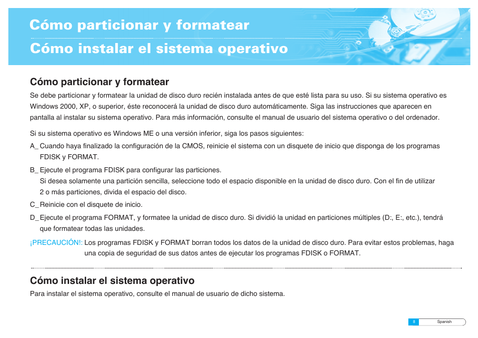 Cómo particionar y formatear, Cómo instalar el sistema operativo | Samsung BF68-00160B User Manual | Page 34 / 60