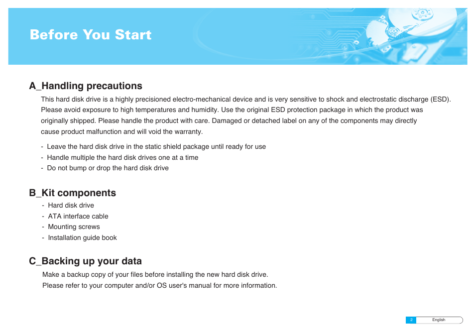 Before you start, A_handling precautions, C_backing up your data | B_kit components | Samsung BF68-00160B User Manual | Page 4 / 60