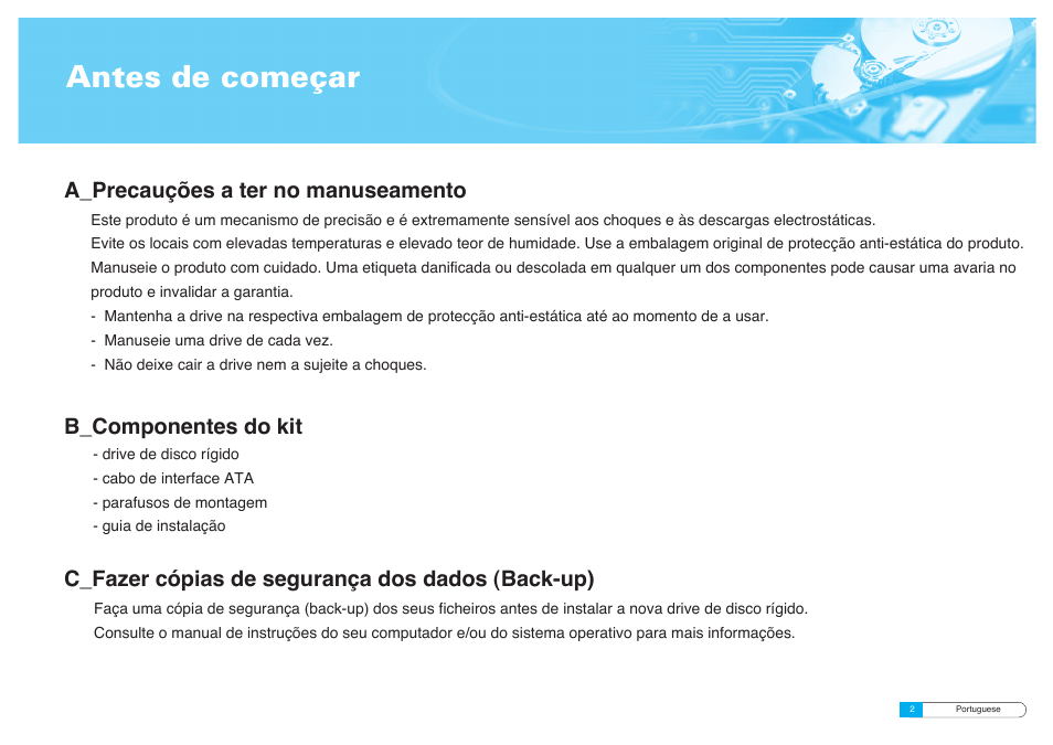 Antes de começar, A_precauções a ter no manuseamento, C_fazer cópias de segurança dos dados (back-up) | B_componentes do kit | Samsung BF68-00160B User Manual | Page 52 / 60