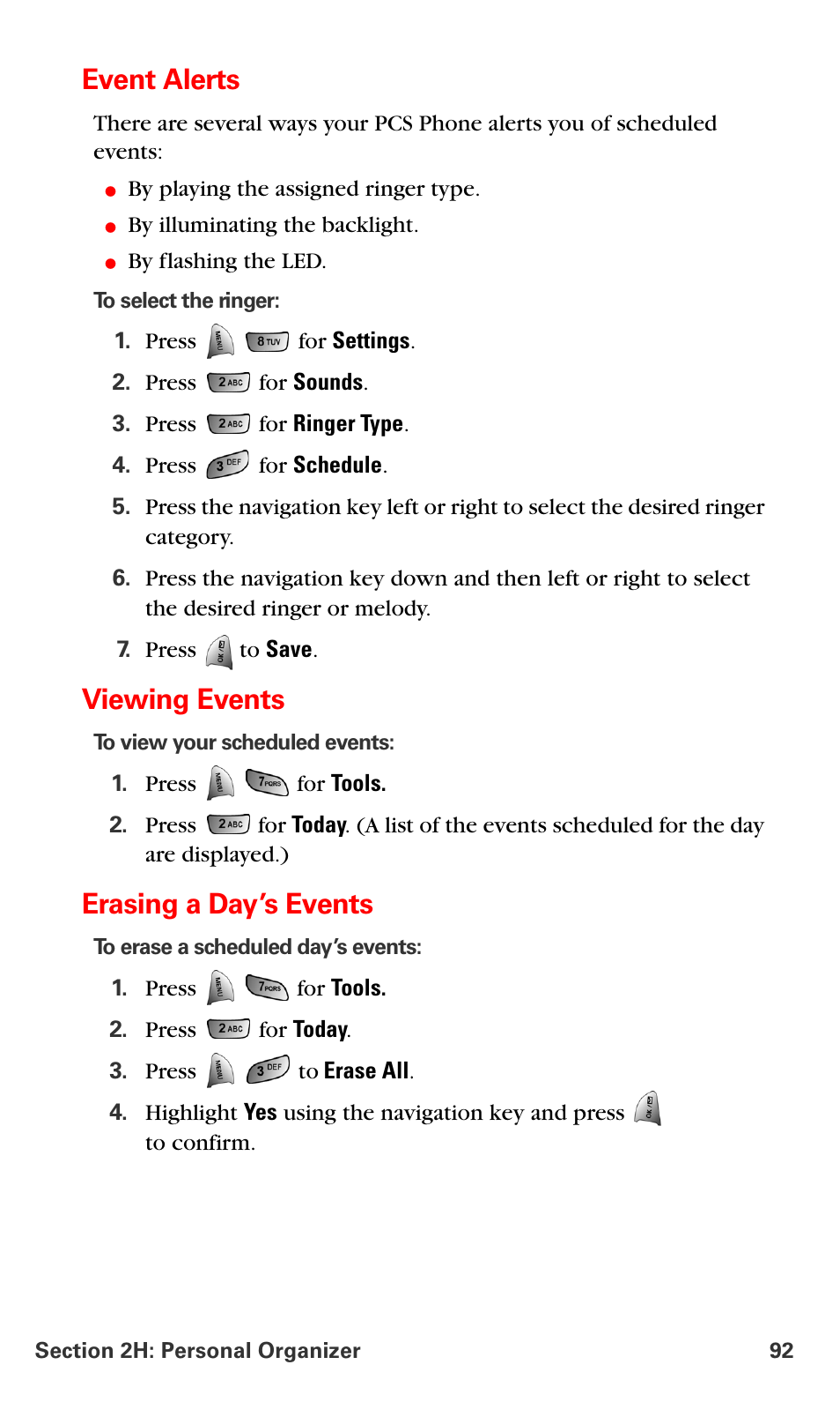 Event alerts, Viewing events, Erasing a day’s events | Samsung VM-A680 User Manual | Page 100 / 224