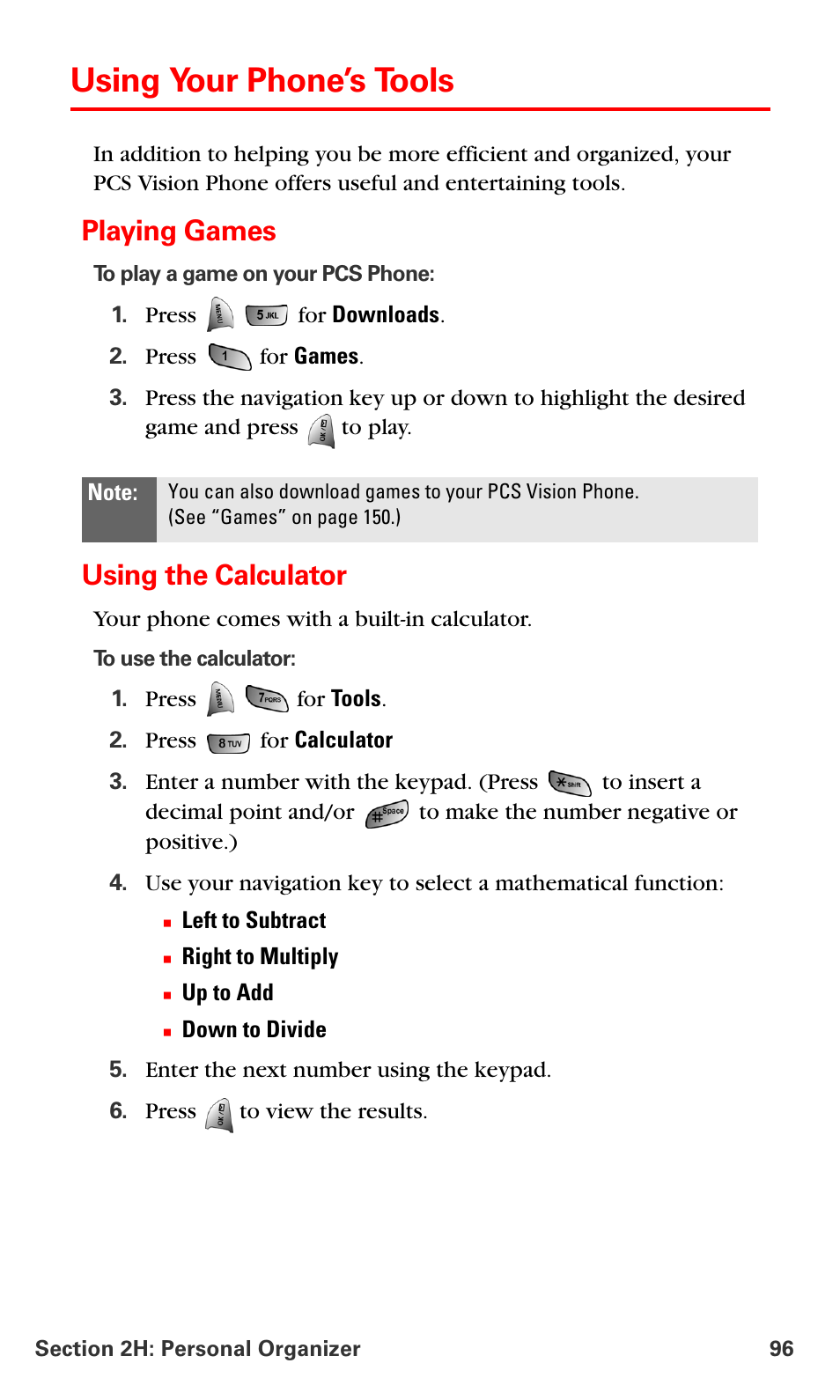 Using your phone’s tools, Playing games, Using the calculator | Samsung VM-A680 User Manual | Page 104 / 224