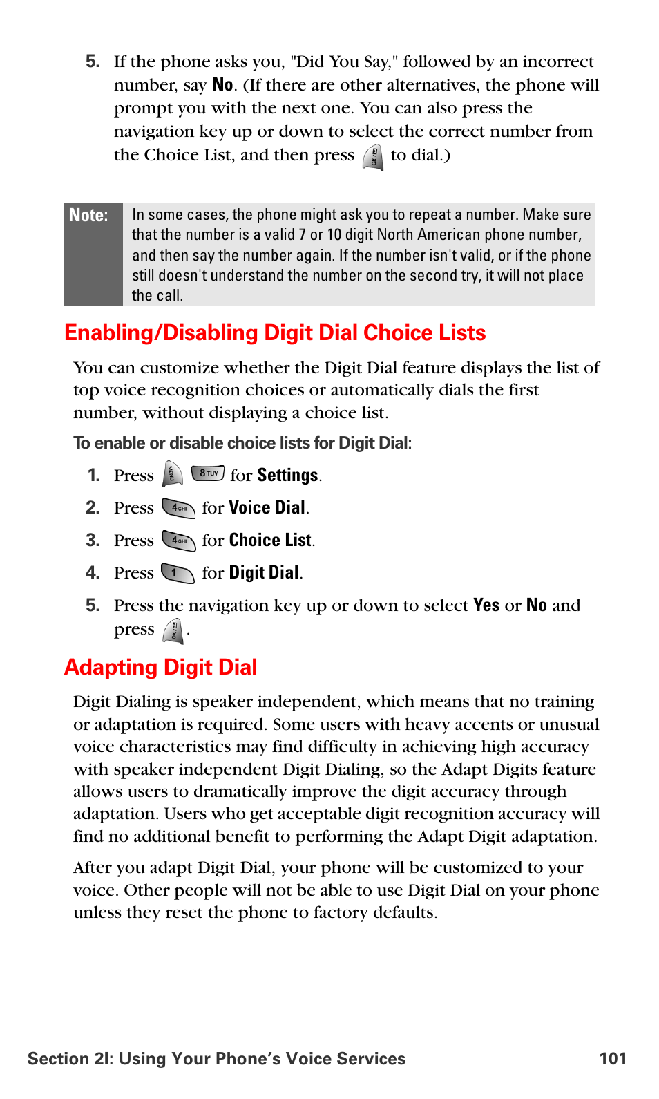 Enabling/disabling digit dial choice lists, Adapting digit dial | Samsung VM-A680 User Manual | Page 109 / 224