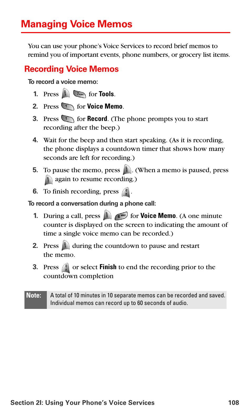 Managing voice memos, Recording voice memos | Samsung VM-A680 User Manual | Page 116 / 224