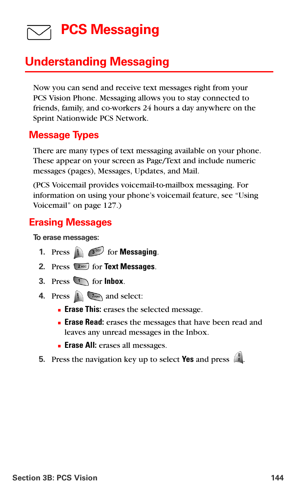 Understanding messaging, Message types, Erasing messages | Pcs messaging | Samsung VM-A680 User Manual | Page 152 / 224