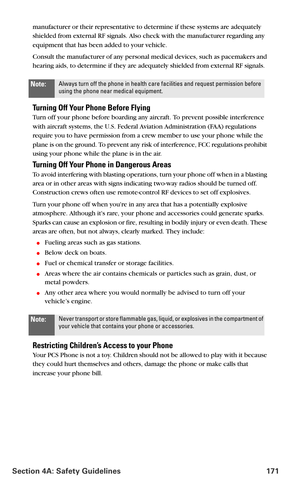 Turning off your phone before flying, Turning off your phone in dangerous areas, Restricting children’s access to your phone | Samsung VM-A680 User Manual | Page 179 / 224