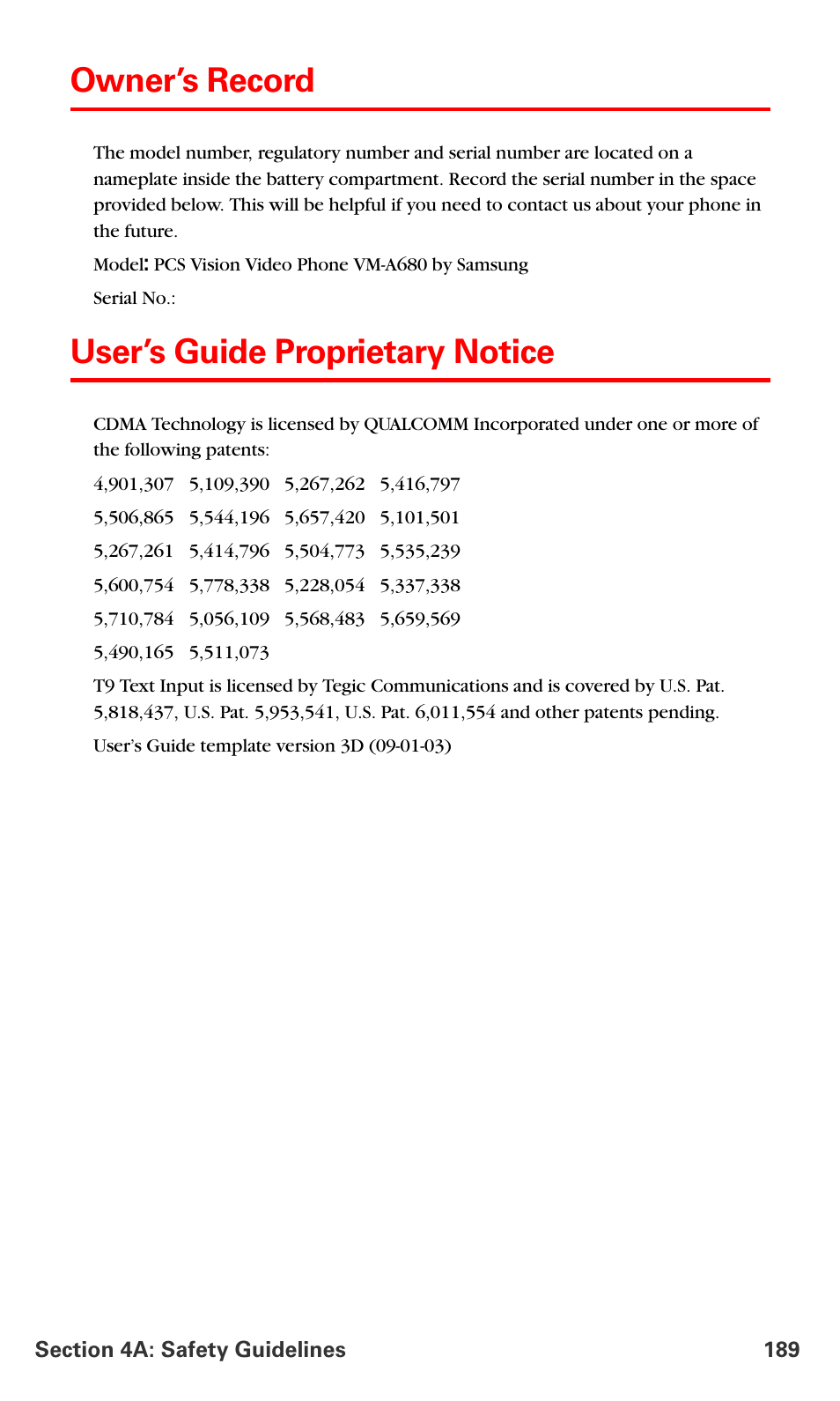 Owner’s record, User’s guide proprietary notice | Samsung VM-A680 User Manual | Page 197 / 224