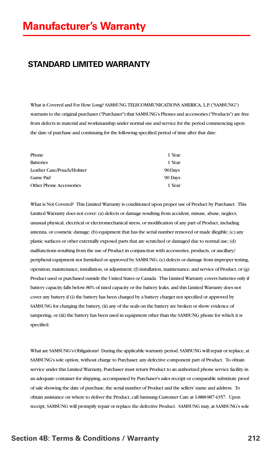 Manufacturer’s warranty, Standard limited warranty | Samsung VM-A680 User Manual | Page 220 / 224