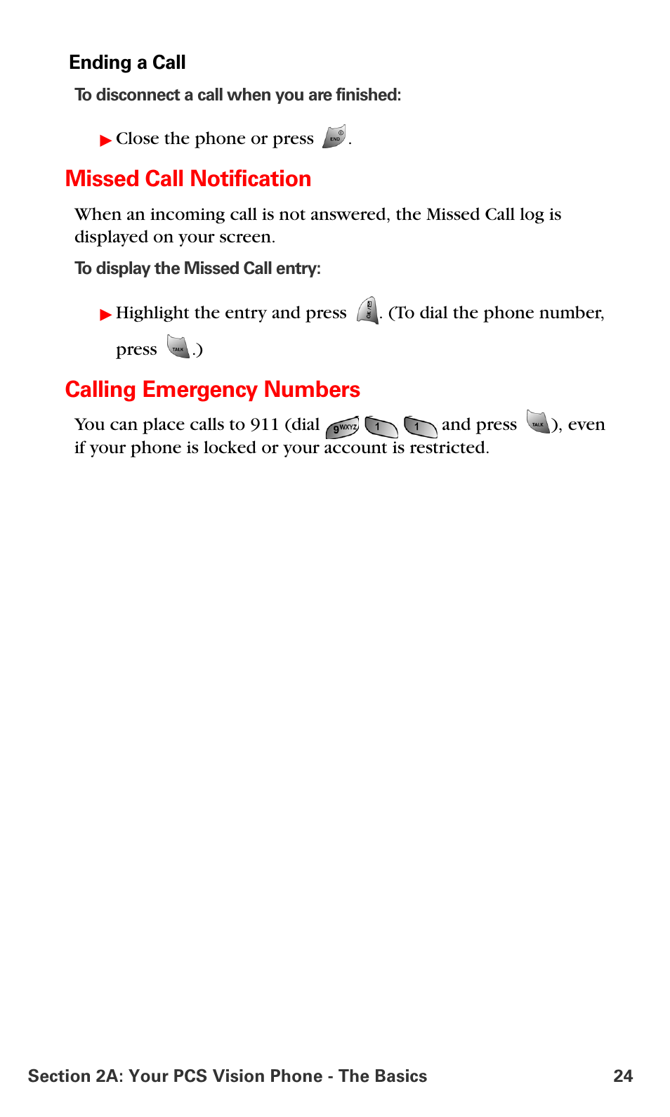 Missed call notification, Calling emergency numbers | Samsung VM-A680 User Manual | Page 32 / 224