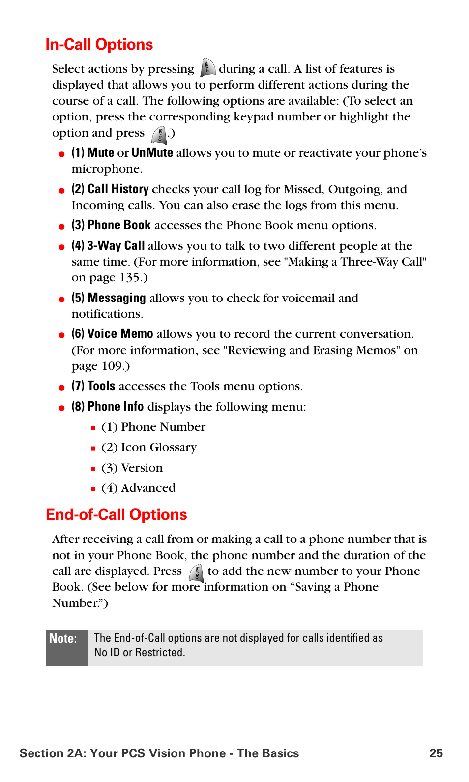 In-call options, End-of-call options, 3) phone book accesses the phone book menu options | 7) tools accesses the tools menu options, 8) phone info displays the following menu, 1) phone number, 2) icon glossary, 3) version, 4) advanced | Samsung VM-A680 User Manual | Page 33 / 224