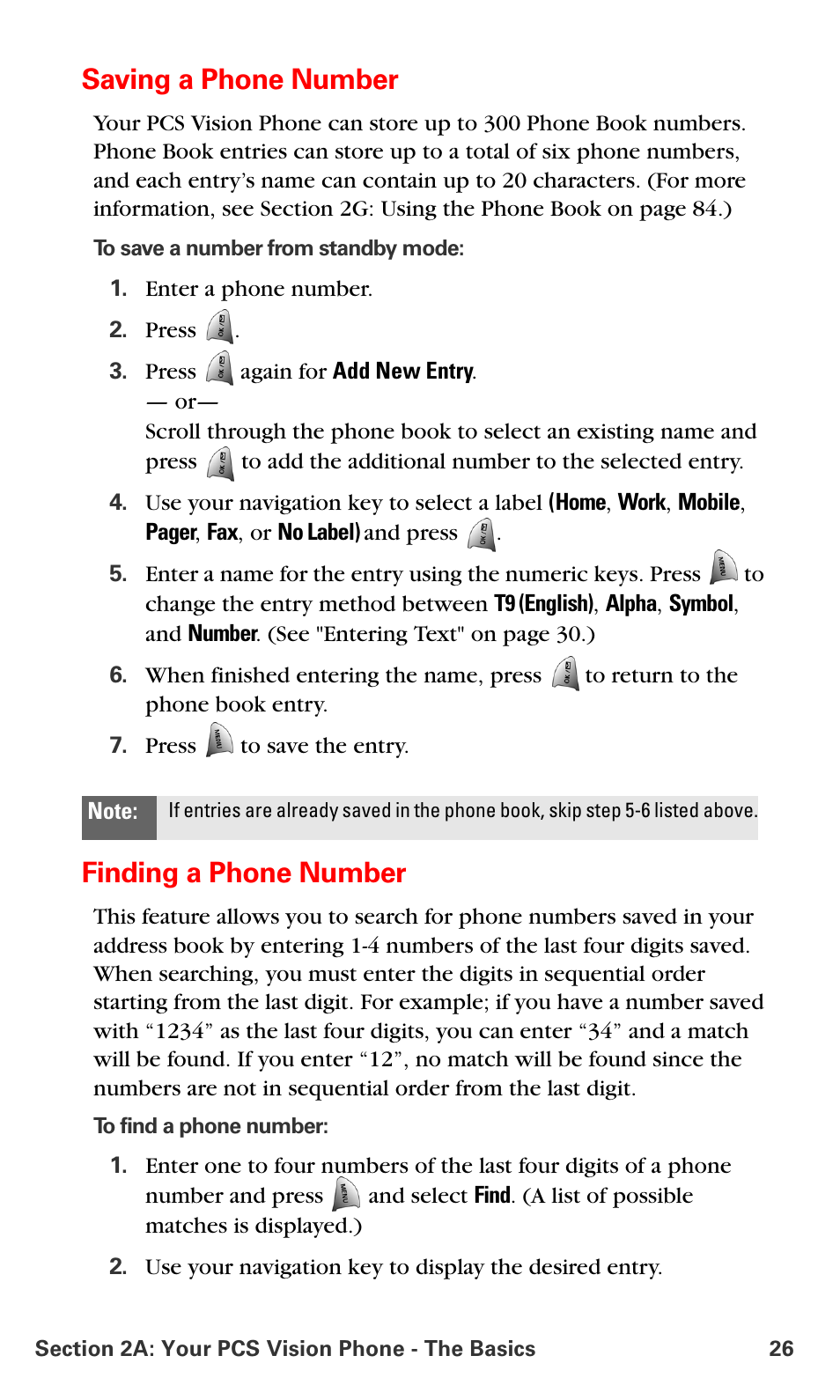 Saving a phone number, Finding a phone number | Samsung VM-A680 User Manual | Page 34 / 224