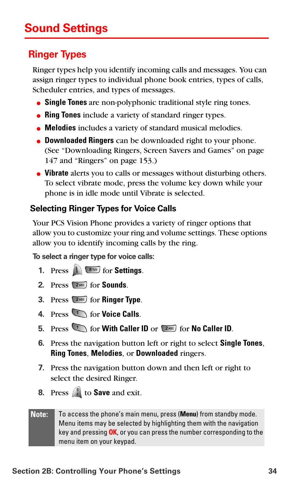 Sound settings, Ringer types | Samsung VM-A680 User Manual | Page 42 / 224