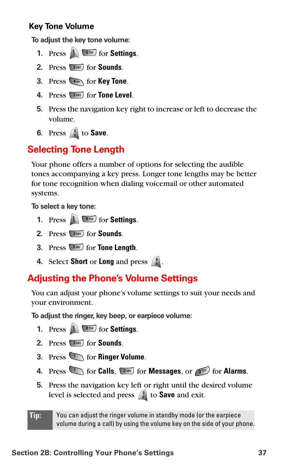 Selecting tone length, Adjusting the phone’s volume settings | Samsung VM-A680 User Manual | Page 45 / 224